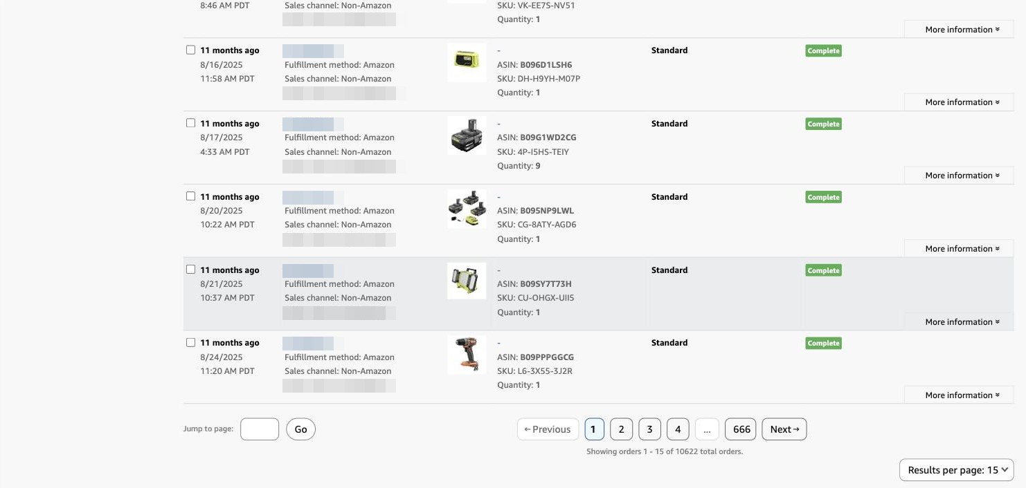 Bottom of the same Manage Orders view showing the exact count: orders 1 to 15 of 10,622 total orders across 666 pages, order IDs blurred