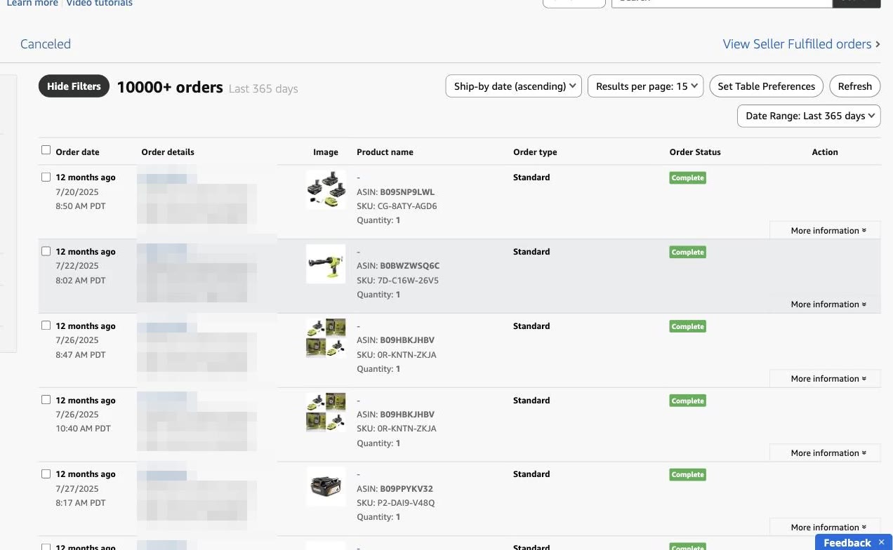 Amazon Seller Central Manage Orders view for a managed client store showing 10,000+ fulfilled-by-Amazon orders in the last 365 days, order IDs blurred